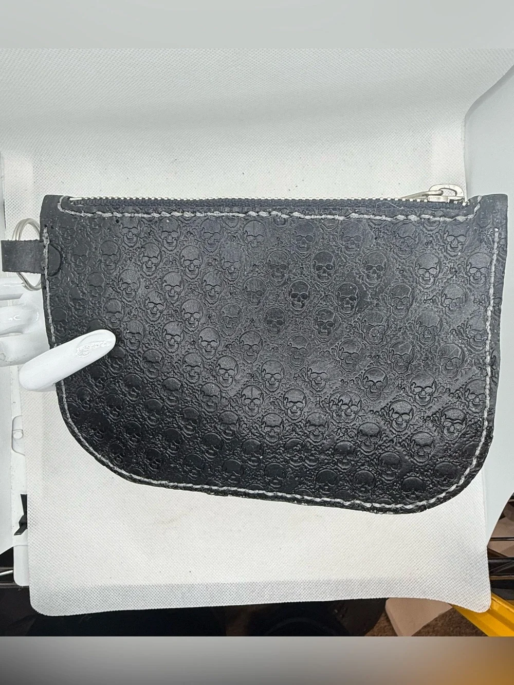 Handmade Black Skull Embossed Leather Zipper Pouch with Key Ring